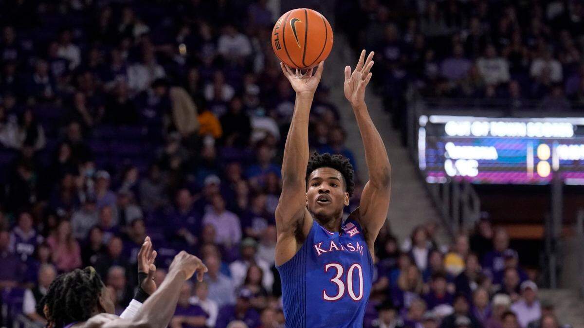 Kansas guard Ochai Agbaji pulls up for a jumper in Tuesday night’s game against TCU in Fort Worth, Texas (March 1, 2022).