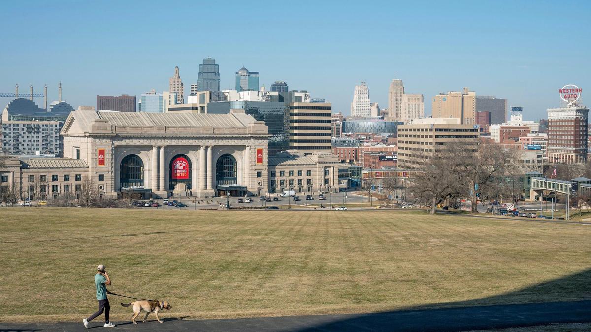 A large banner featuring ‘Kansas City Strong’ is displayed on the exterior window of Union Station on Wednesday, Feb. 21, 2024, in Kansas City.