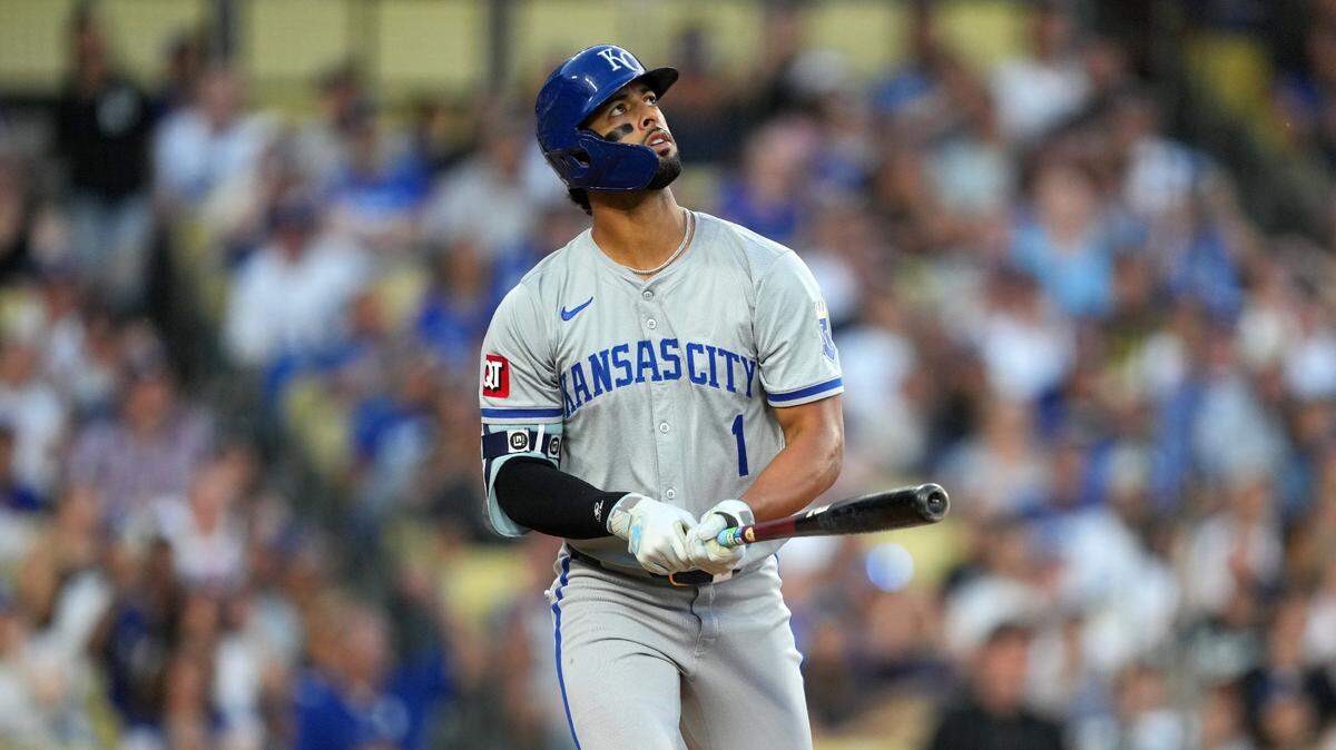 Kansas City Royals left fielder MJ Melendez (1) hits a grand slam in the sixth inning against the Los Angeles Dodgers at Dodger Stadium on June 15, 2024.