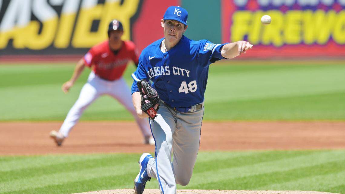 Recovered from being hit in the head by a line drive during a game earlier this season, Ryan Yarbrough pitches against the Cleveland Guardians at Progressive Field on Sunday.