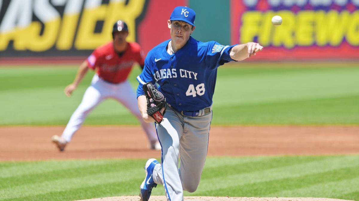Recovered from being hit in the head by a line drive during a game earlier this season, Ryan Yarbrough pitches against the Cleveland Guardians at Progressive Field on Sunday.