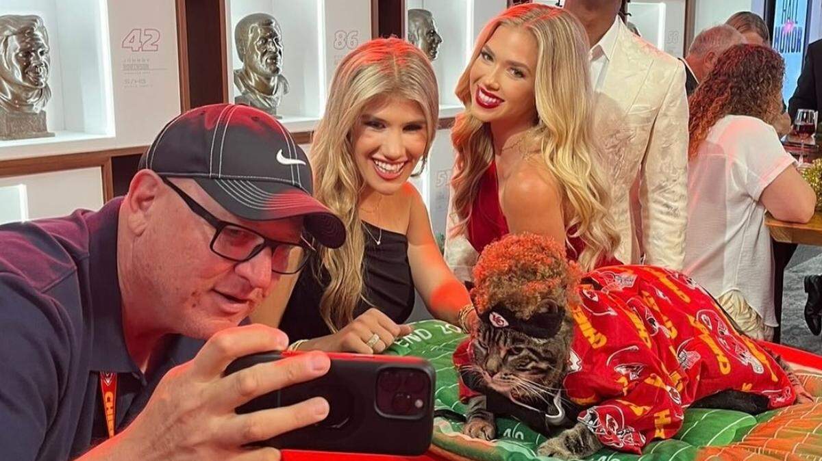 Kansas City’s celebrity feline, Sly James the Cat, appeared as his alter ego, Catrick Mahomes, in “Holiday Touchdown: A Chiefs Love Story.” He appeared in a scene with Ava Hunt and Gracie Hunt, daughters of Chiefs CEO Clark Hunt.