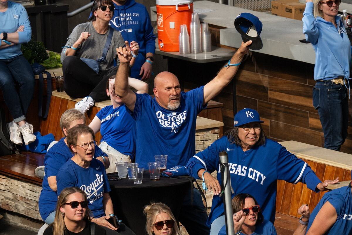 Fans and Kansas City Royals personnel watch the Royals opening playoff game vs. the Baltimore Orioles during a watch party at the Power & Light District on Tuesday, Oct. 1, 2024. The Royals won the game 1-0.