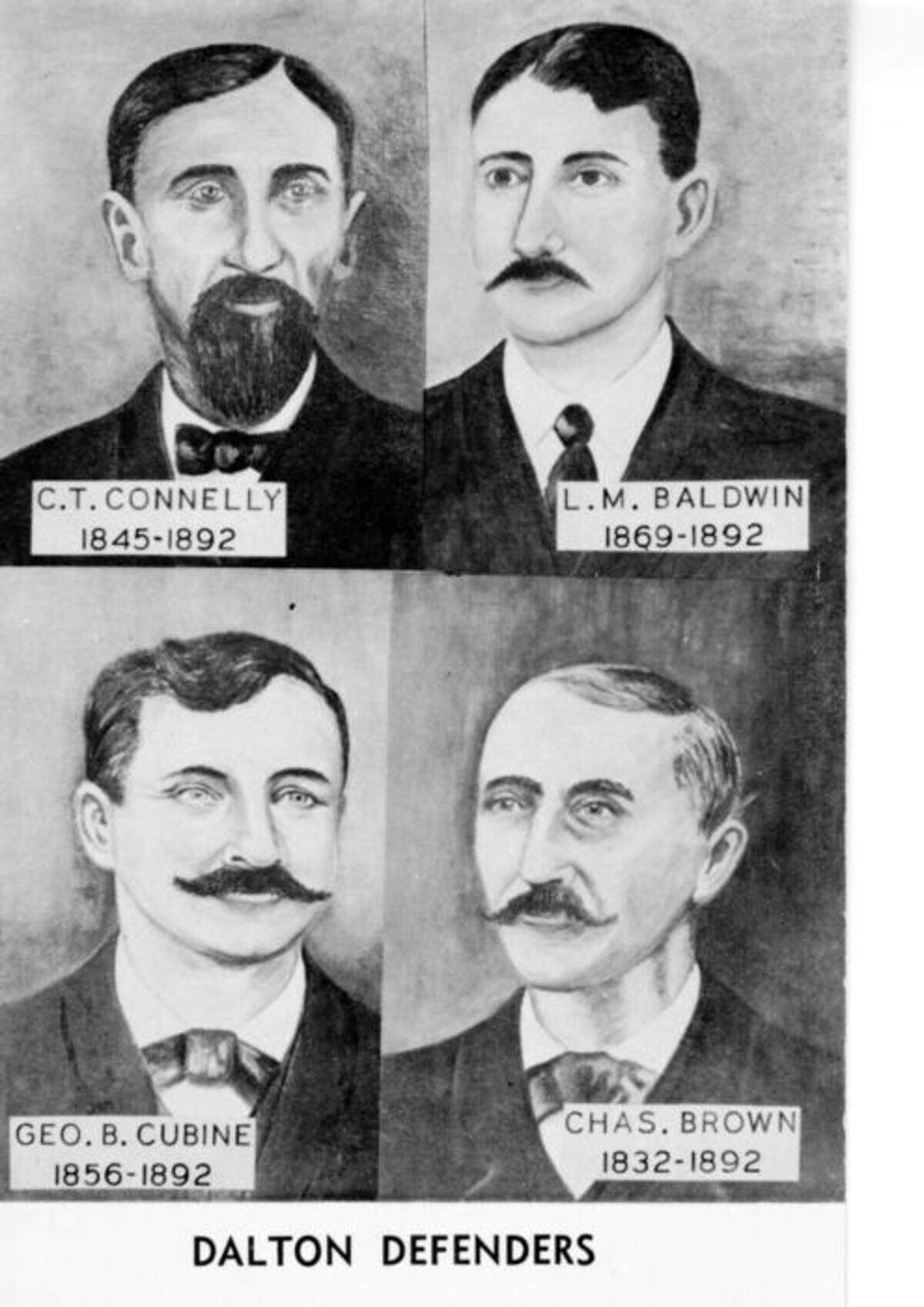 A postcard contains pen sketches of the men known as the Dalton Defenders — C.T. Connelly, L.M. Baldwin, Geo. B. Cubine and Chas. Brown — who were killed during the Oct. 5, 1892, shootout in Coffeyville.