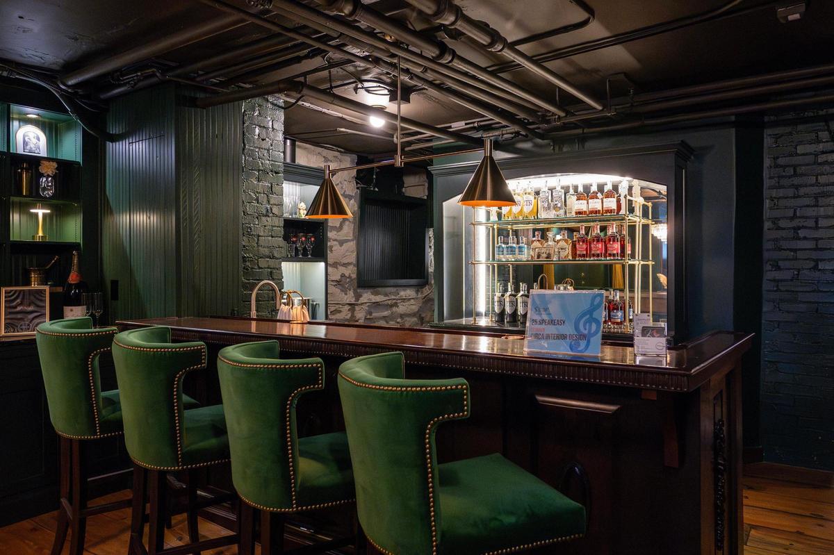The bar area inside the speakeasy located in the basement at the 55th Symphony Designers’ Showhouse was designed by Meg Hilburn of Circa Interior Design.