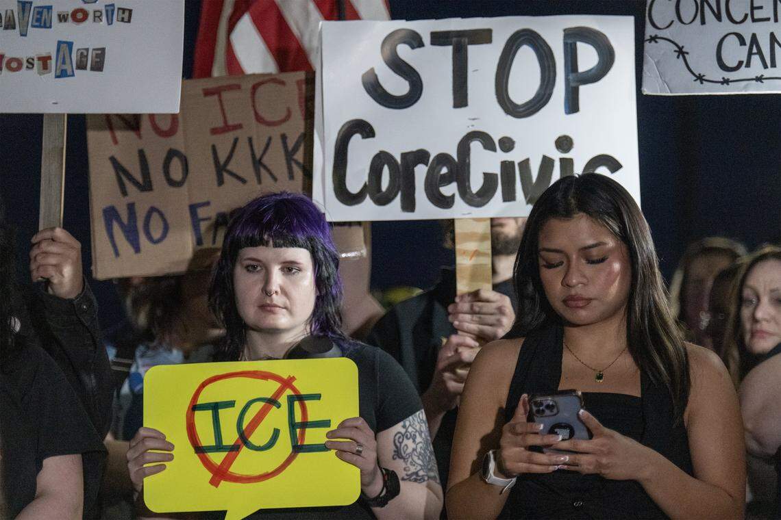 Anti-ICE protesters gathered outside of Leavenworth City Hall after the Leavenworth city commission meeting which approved a zoning permit Tuesday, March 10, 2026, that allows CoreCivic, a private prison company, to reopen its facility as an ICE detention center.
