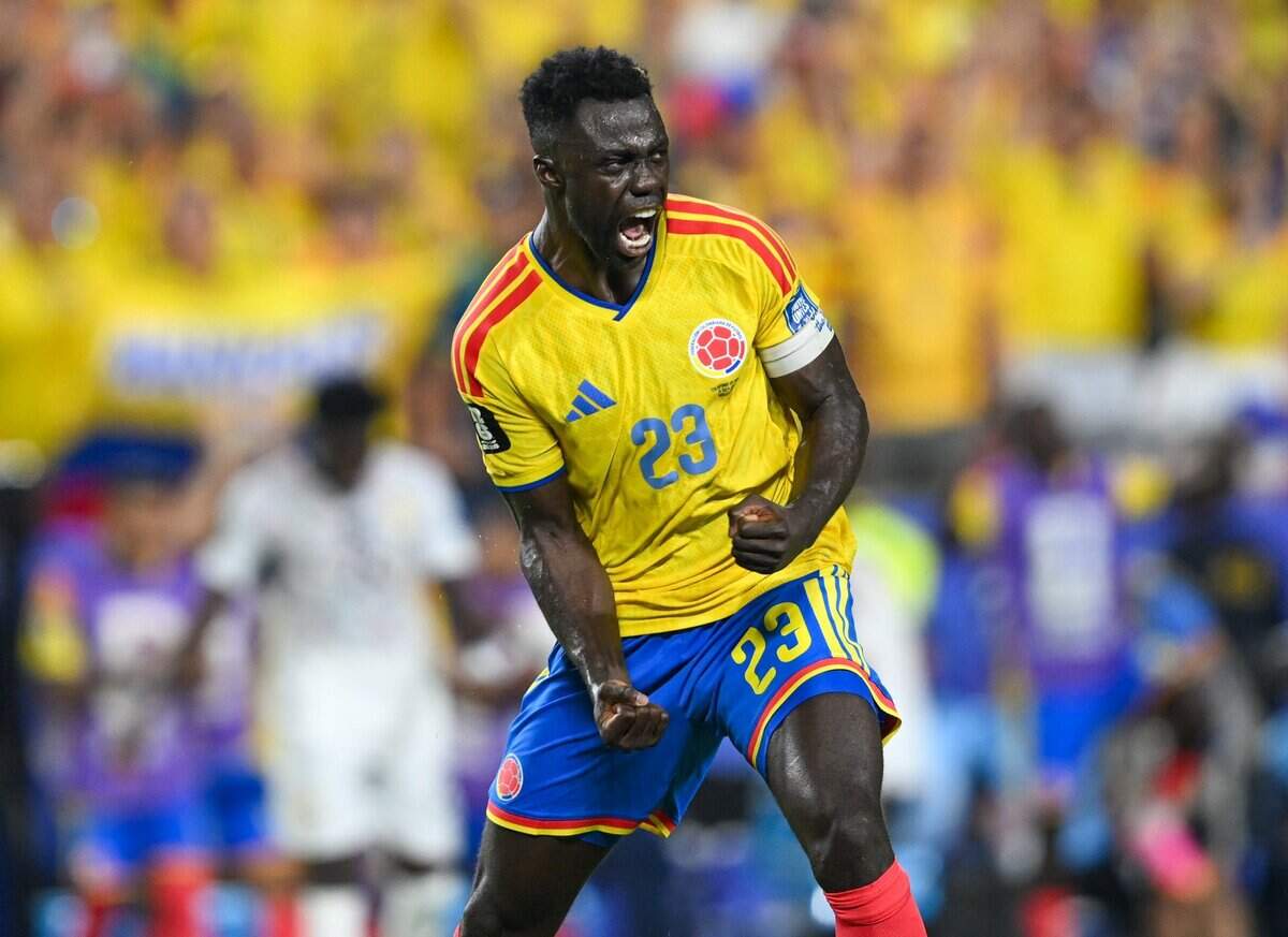 Colombia defender Davinson Sánchez (23) celebrates a 1-0 win over Ghana in the 2026 World Cup Round of 32 football match at Kansas City (Arrowhead) Stadium in Kansas City on Friday, July 3, 2026.
