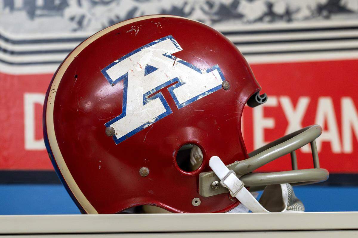 The 1970 AFC Pro Bowl helmet of Chiefs cornerback Jim Marsalis is displayed inside the Library Room at the Kansas City Chiefs' underground storage facility in Kansas City.