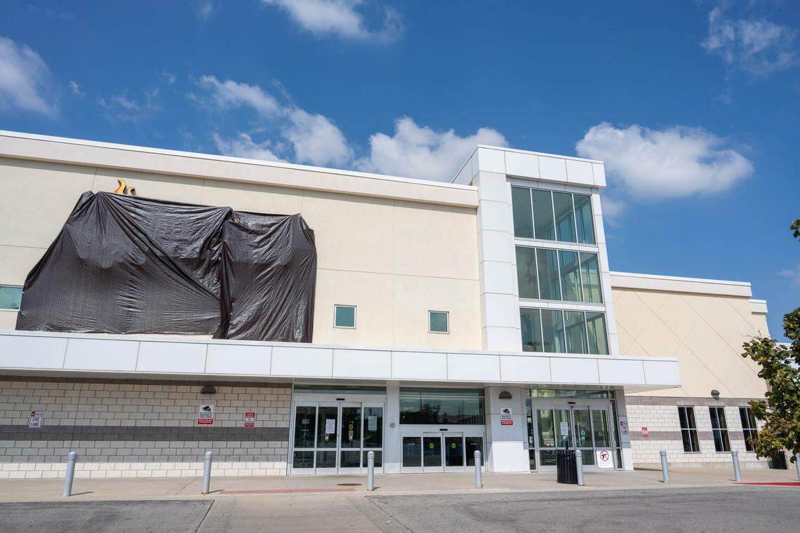 Sun Fresh Linwood with a black tarp covering its logo on Wednesday, Aug. 13, 2025, in Kansas City. The troubled grocery store closed the previous day.