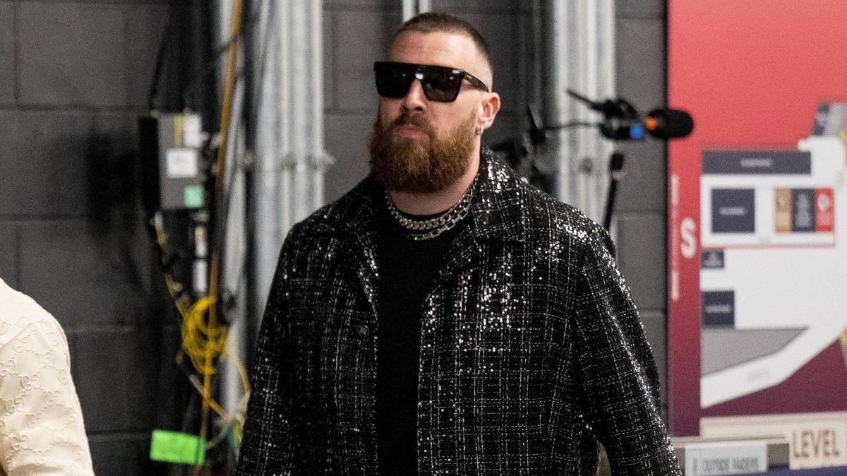 Kansas City Chiefs tight end Travis Kelce walks to the locker room after arriving at Allegiant Stadium for Super Bowl LVIII on Sunday, Feb. 11, 2024, in Las Vegas.