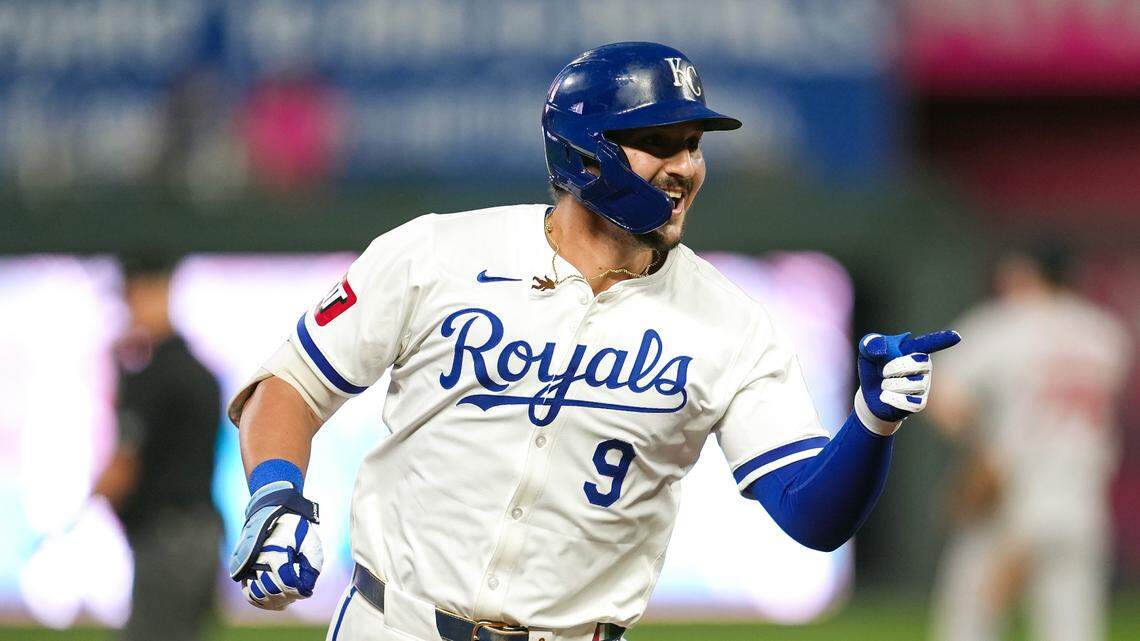 Kansas City Royals designated hitter Vinnie Pasquantino (9) rounds the bases after hitting a home run during the fourth inning against the Boston Red Sox at Kauffman Stadium on Aug. 7, 2024.