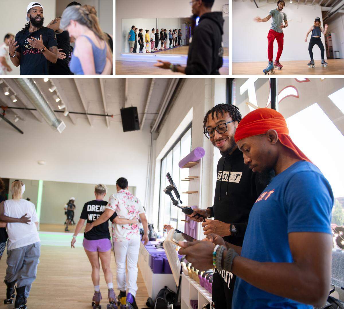 TOP LEFT; Jordan Sherrod, who goes by Archie Louie professionally, teaches a partner skating workshop at SK8 SHOT Studios in North Kansas City. Jordan says that “skate chemistry” is essential to partner skating. TOP CENTER; At SK8 SHOT Studios, Adontis Atkins’ and Knejie “KJ” Allen’s beginner skate lessons consistently pack the floor. TOP RIGHT; Allen demonstrates a complex step during an advanced skating lesson. BOTTOM; SK8 SHOT owners Allen, left, and Atkins check their social media during a partner skating workshop held at their studio. The two see the studio as a less intimidating atmosphere for beginners to enter the skate world.