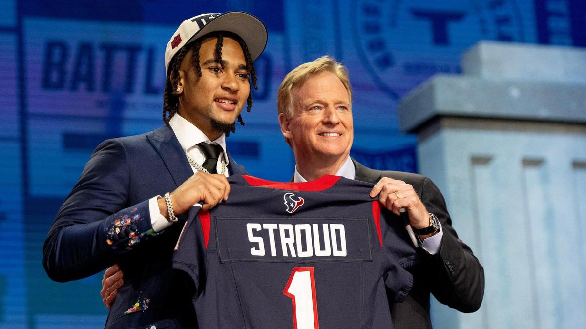 Ohio State quarterback CJ Stroud poses for photos with league commissioner Roger Goodell after being picked second overall by the Houston Texans during Thursday night’s Round 1 of the 2023 NFL Draft in Kansas City.