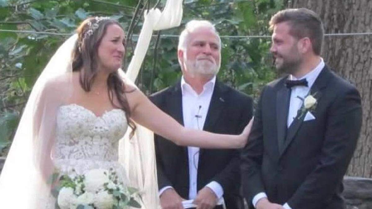 The columnist/wedding officiator, Vahe Gregorian, is flanked by the bride and groom during last week’s ceremony in Pennsylvania.