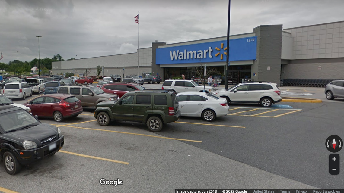 The Walmart parking lot in Gettysburg, Pennsylvania, where authorities said three kids were inside a running SUV when the vehicle was stolen.