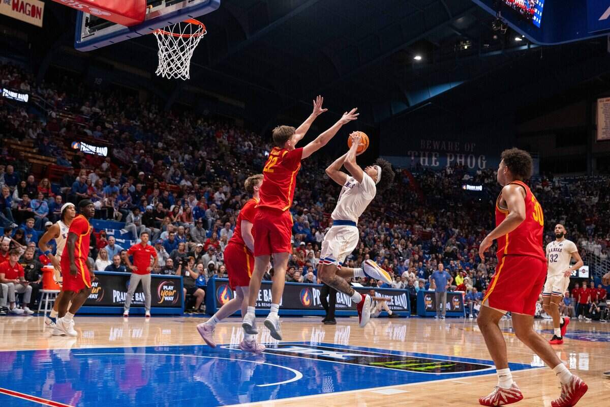 Kansas Jayhawks guard Tyran Stokes shoots a hanging shot in the Jayhawks exhibition game vs. Pittsburg State Gorillas, on Friday, October 16, 2026, at Allen Fieldhouse. The exhibition game, a first for Late Night in the Phog, replaces the normal format of variety show style sketches and a team scrimmage.