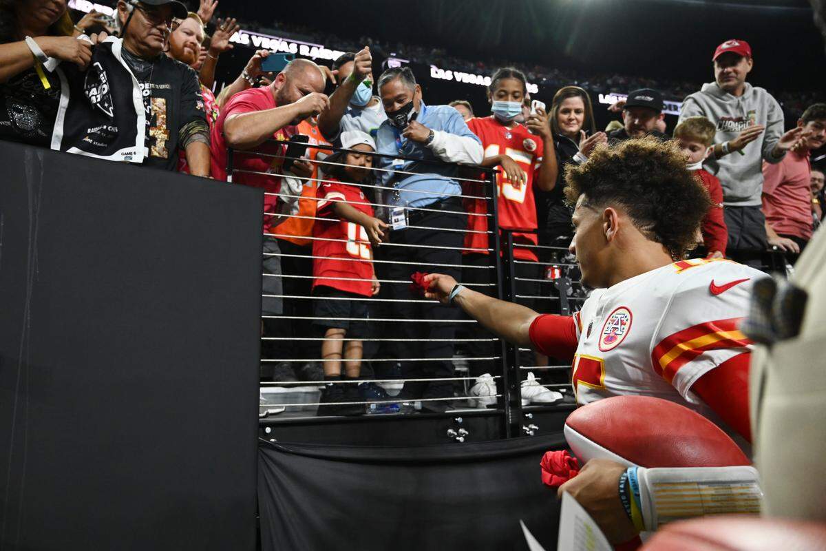 Kansas City Chiefs quarterback Patrick Mahomes (15) walks off the field after an NFL football game against the Las Vegas Raiders, Sunday, Nov. 14, 2021, in Las Vegas. (AP Photo/David Becker)