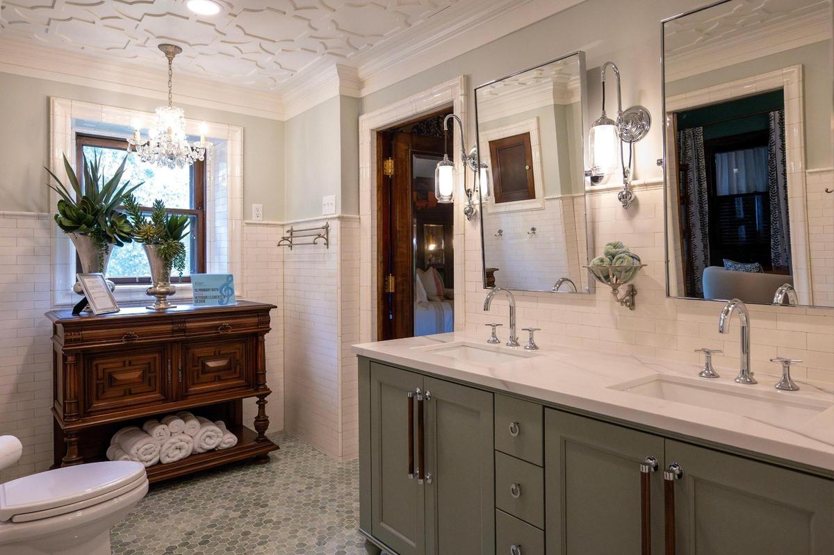 The primary bathroom is seen at the 55th Symphony Designers’ Showhouse. Brenda Anderson of Interior Elements & Design designed the room. Thousands of pounds of concrete had to be removed for bathroom renovations at the house.