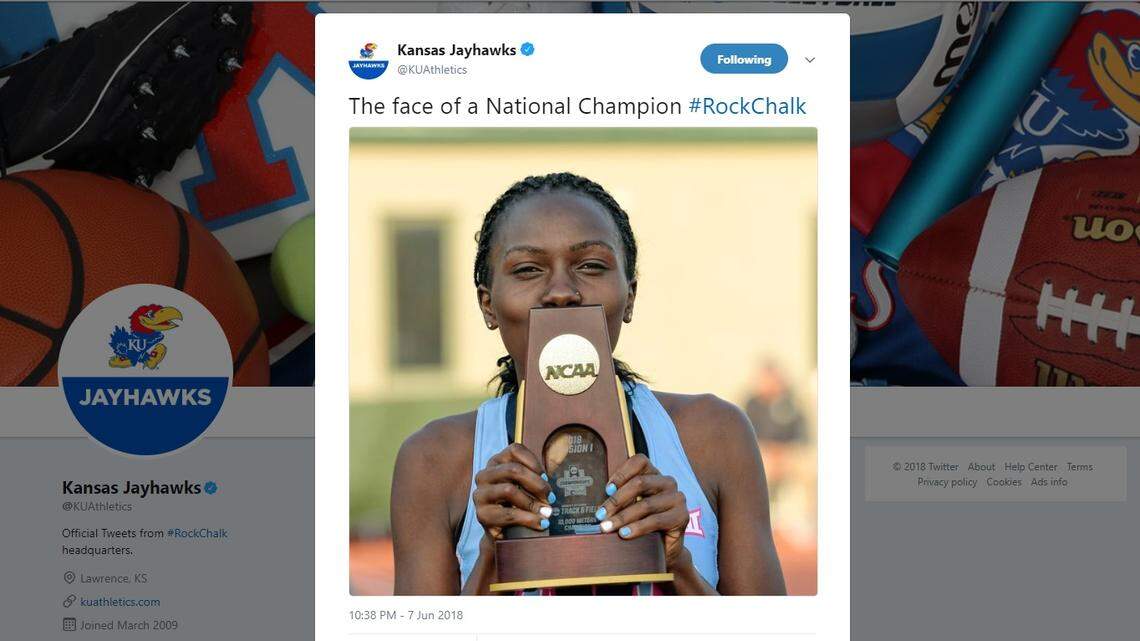 KU's Sharon Lokedi claimed her first national title on Thursday evening, winning the 10,000 meters at the NCAA outdoor championships in Eugene, Ore.