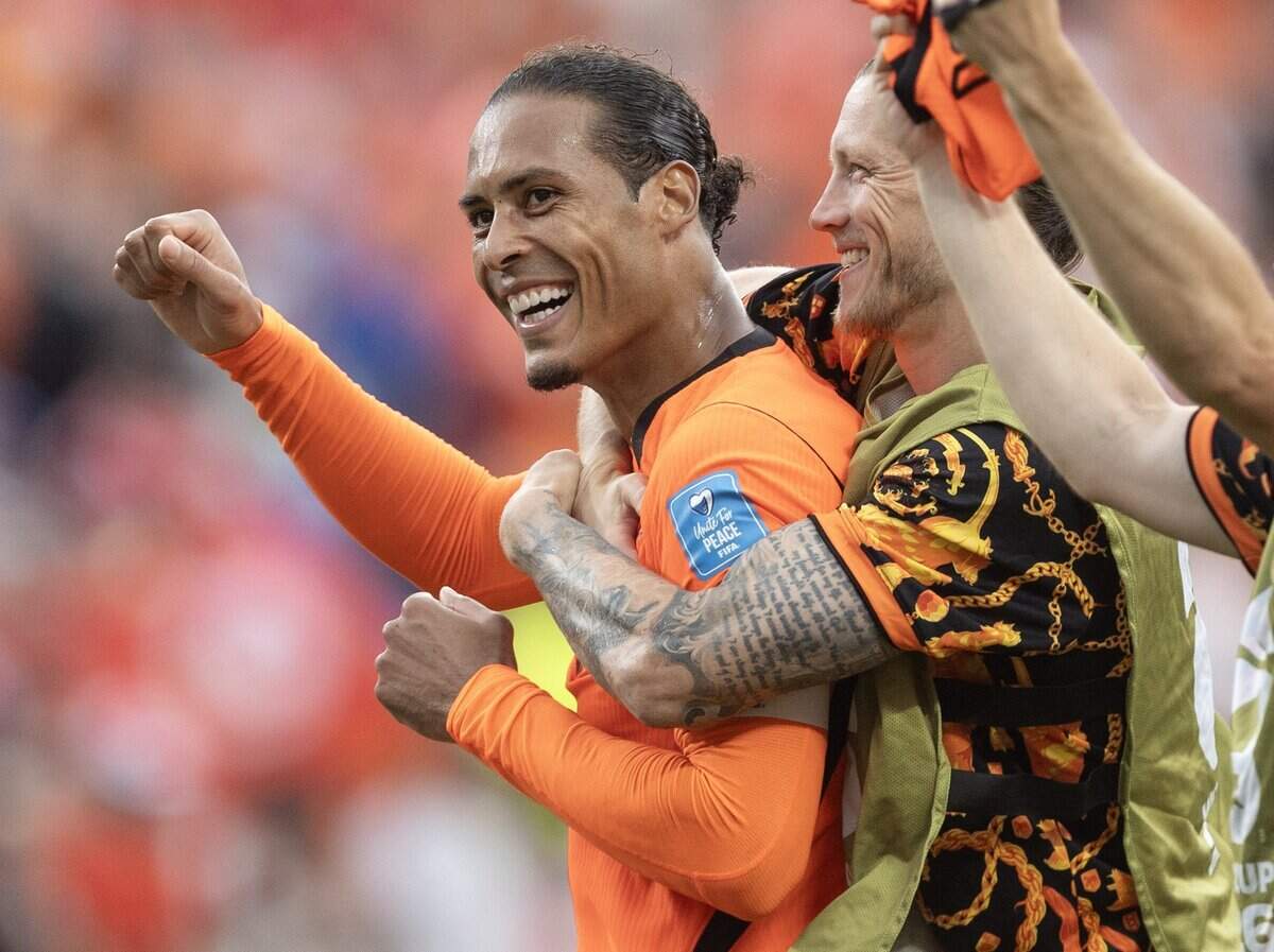 Netherlands defender Virgil van Dijk (4) celebrates his team's win over Tunisia after a FIFA World Cup group-stage soccer match at Kansas City (Arrowhead) Stadium in Kansas City on Thursday, June 25, 2026.