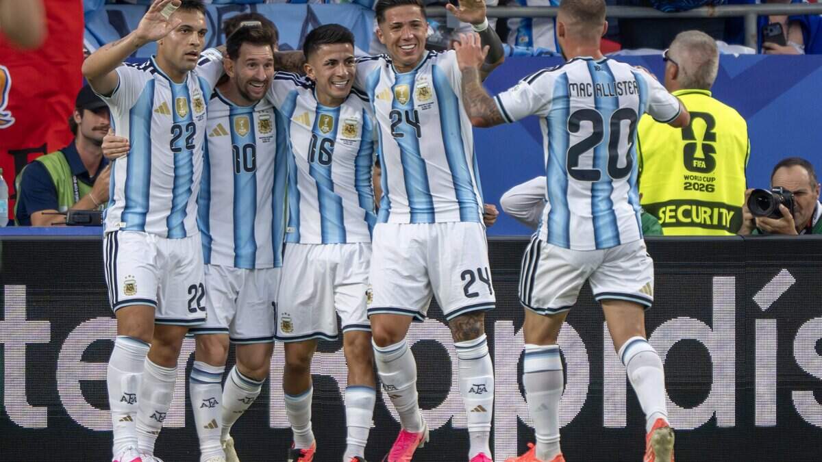 Argentina forward Lionel Messi (10) celebrates with teammates after scoring a goal in the first half of a FIFA World Cup group-stage soccer match against Algeria at Kansas City (Arrowhead) Stadium on Tuesday, June 16, 2026, in Kansas City.