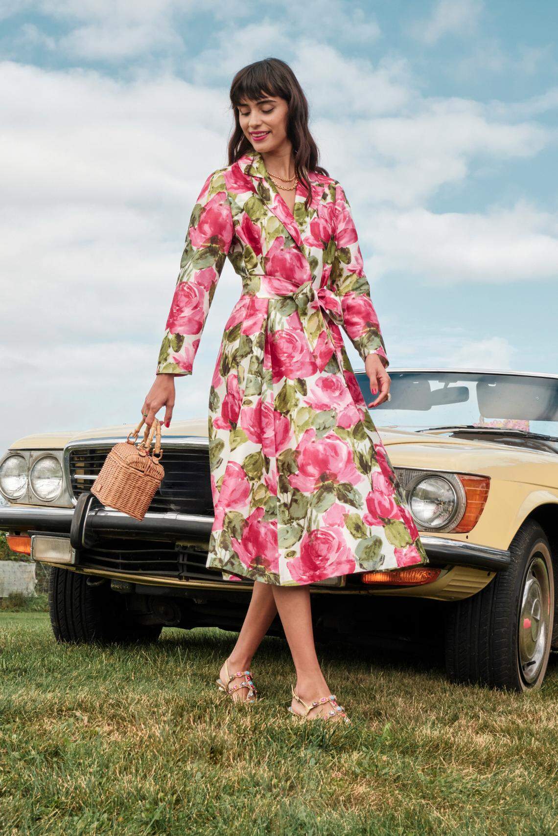 The Lucille Peonies notch lapel, long sleeve wrap midi dress by Frances Valentine.