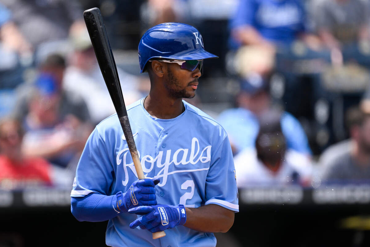Kansas City Royals’ Michael A. Taylor batting against the Houston Astros during the fifth inning of a baseball game, Sunday, June 5, 2022, in Kansas City, Mo. (AP Photo/Reed Hoffmann)