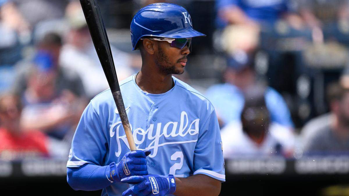Kansas City Royals’ Michael A. Taylor batting against the Houston Astros during the fifth inning of a baseball game, Sunday, June 5, 2022, in Kansas City, Mo. (AP Photo/Reed Hoffmann)