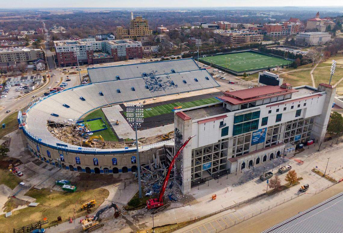 Renovations are underway at David Booth Kansas Memorial Stadium in Lawrence. Phase one of the construction project will leave a reduced seating capacity for the 2024 football season, with a 2025 target for completion.