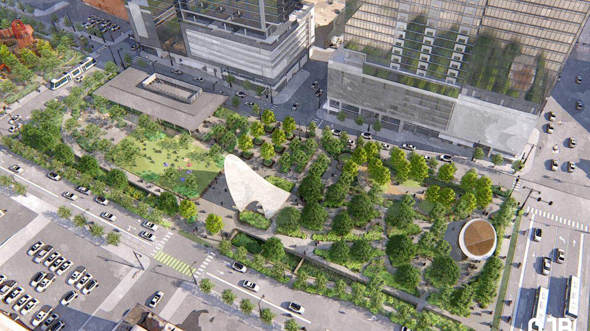A rendering of the future Roy Blunt Luminary Park, formerly known as the South Loop Project, which will turn Interstate 670 through downtown Kansas City into a tunnel and place a park on top.