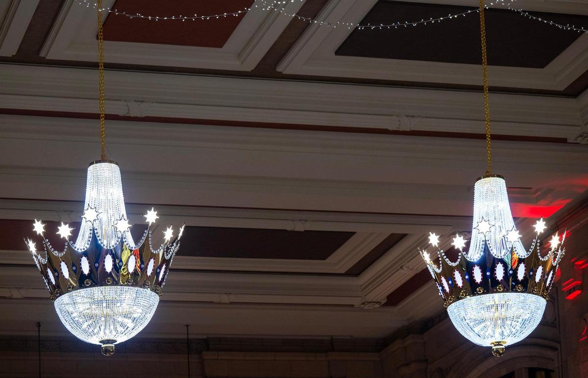 Each crown-shaped chandelier has 20,000 crystals.