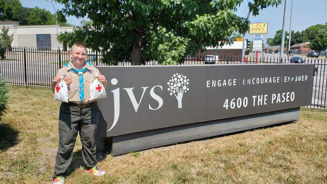 Andrea Baran put in photos of her daughter, Nina, to remember a positive story of the pandemic: Nina earning her Eagle Scout rank. Here, Nina shows some of the first aid kits she put together for Jewish Vocational Services as part of the Eagle project.
