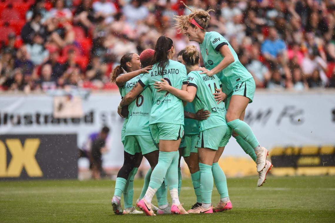 Kansas City Current forward Michelle Cooper (17) celebrates with teammates after scoring a goal against NJ/NY Gotham FC during the first half at Sports Illustrated Stadium on June 7, 2025.