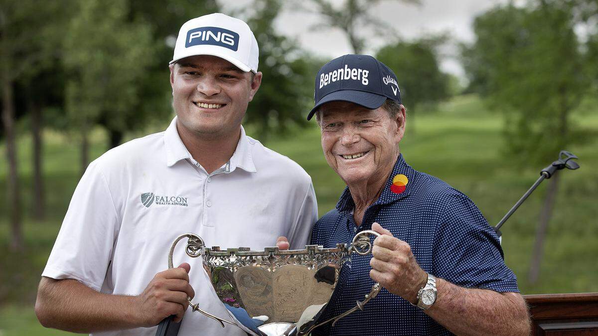 Andy Spencer posed with Tom Watson and his trophy after winning the Tom Watson Challenge Golf tournament Saturday, June 5, 2021 at The National Golf Club in Parkville