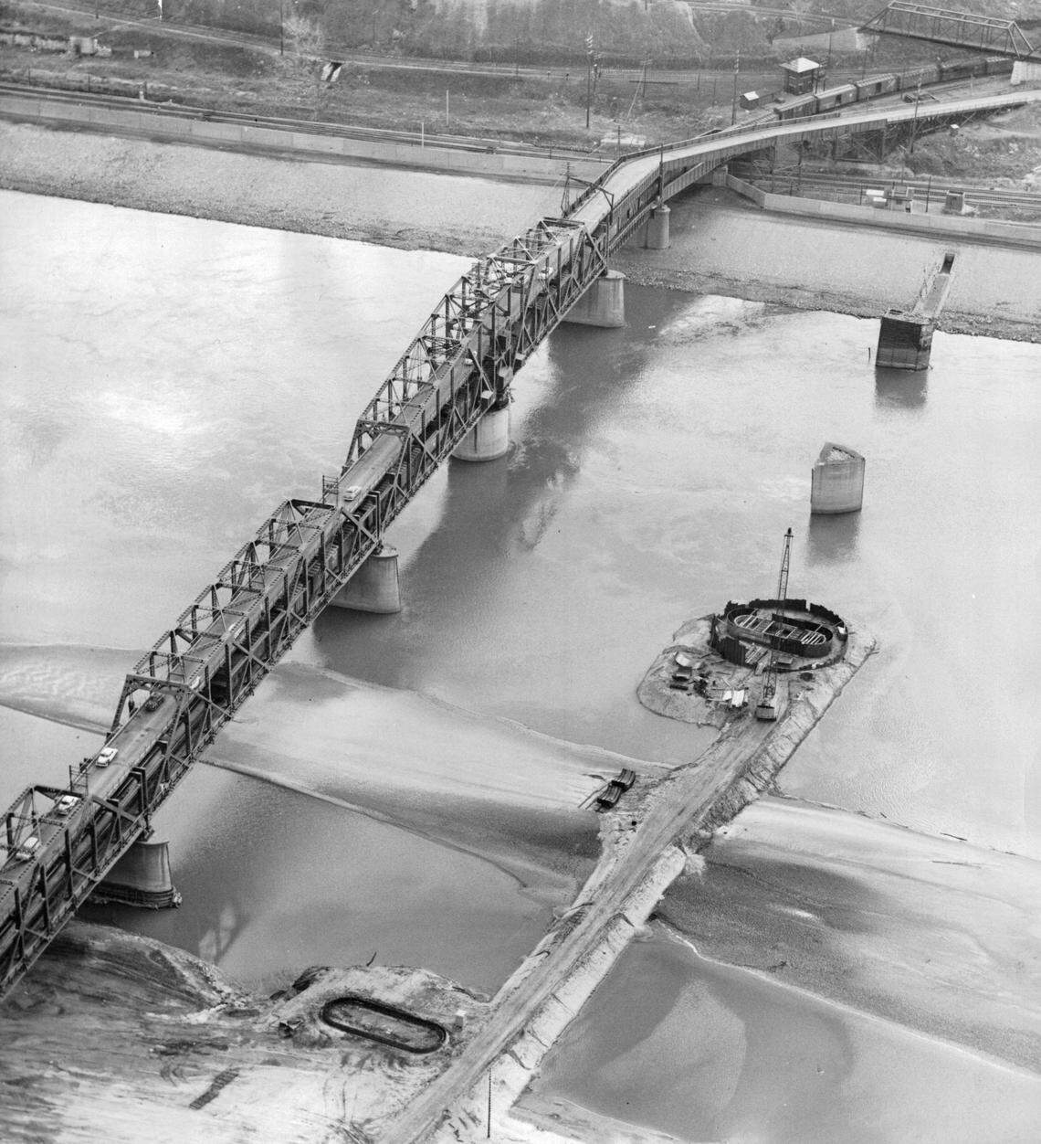 The Broadway Bridge’s piers being built in 1955