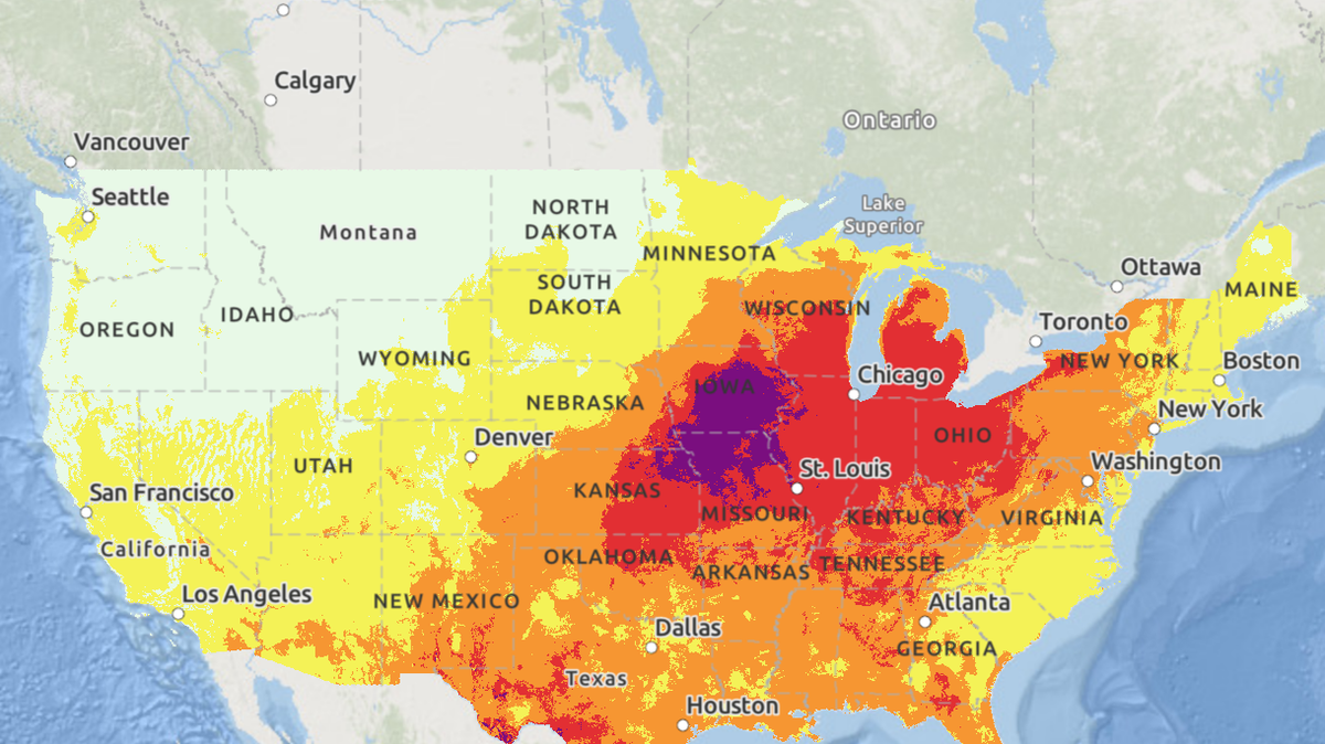 This forecast map from the National Weather Service’s HeatRisk page predicts “extreme” heat in the Kansas City area on Monday, June 17. This category, which is the highest one available, is likely to cause impacts “in most health systems, heat-sensitive industries and infrastructure.”