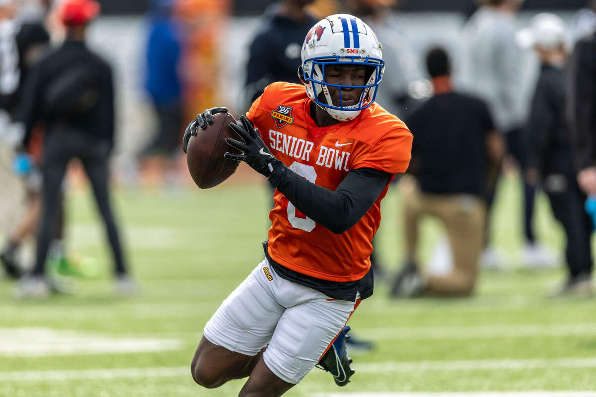 American team running back Brashard Smith of SMU (0) runs after a catch during Senior Bowl practice at Hancock Whitney Stadium on Jan. 28, 2025.