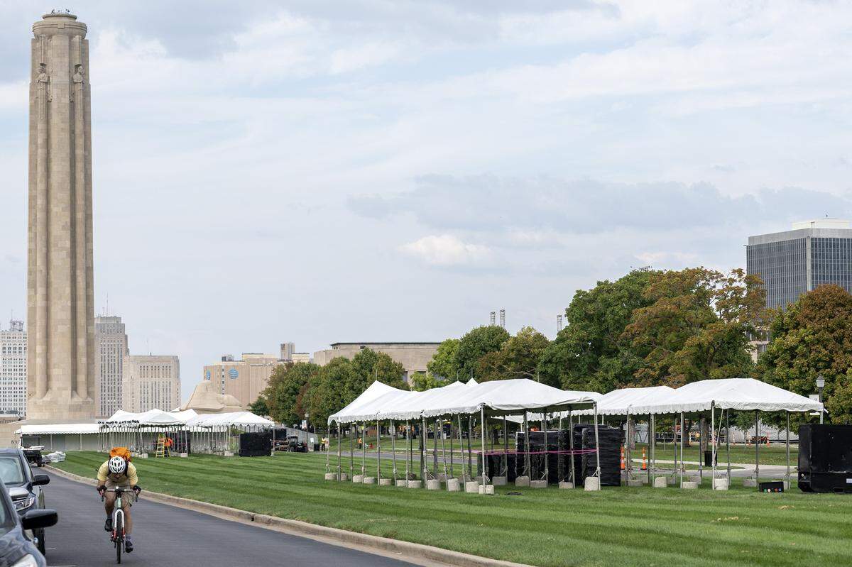 Tents line the grounds outside the National WWI Museum and Memorial on Tuesday, Sept. 30, 2025 in Kansas City, ahead of pop singer Chappell Roan's concert Visions of Damsels and Other Dangerous Things.