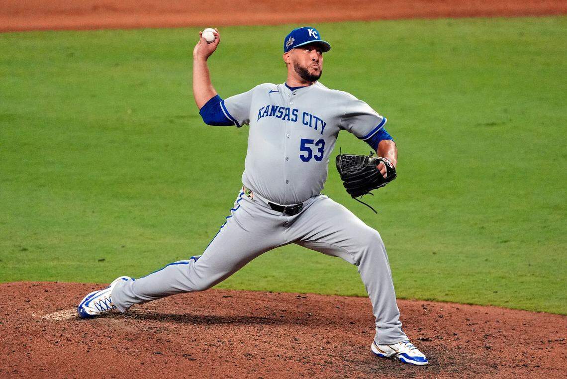 Kansas City Royals closer Carlos Estevez struck out three, gave up two hits and walked a man in a scoreless seventh inning for the American League at the 2025 MLB All-Star Game at Truist Park in Atlanta on Tuesday, July 15, 2025.