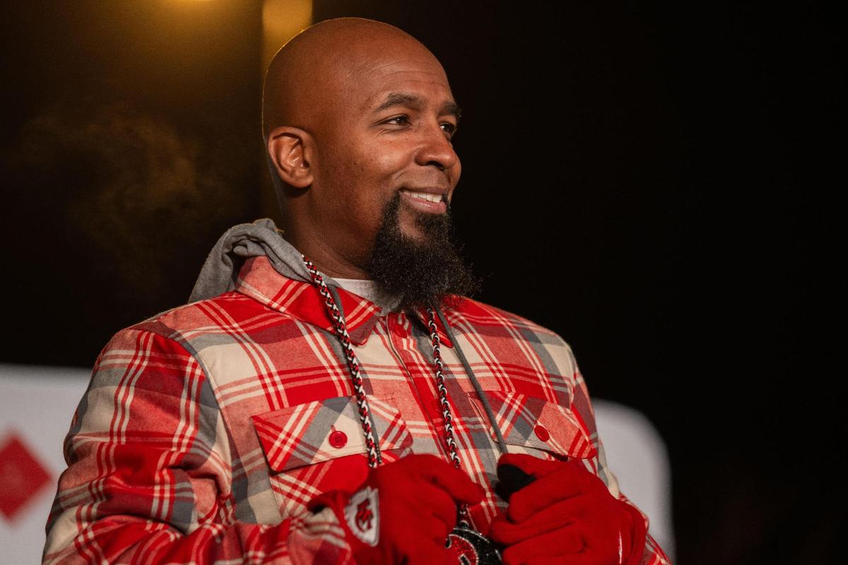 Kansas City rapper Tech N9ne performs music at the 12th Street lighting ceremony on Wednesday, Nov. 27, 2024.