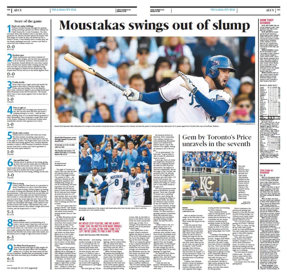 Pages from The Kansas City Star sports section the day after the Royals beat the Blue Jays in Game 2 of the American League Championship Series on Oct. 17, 2015.