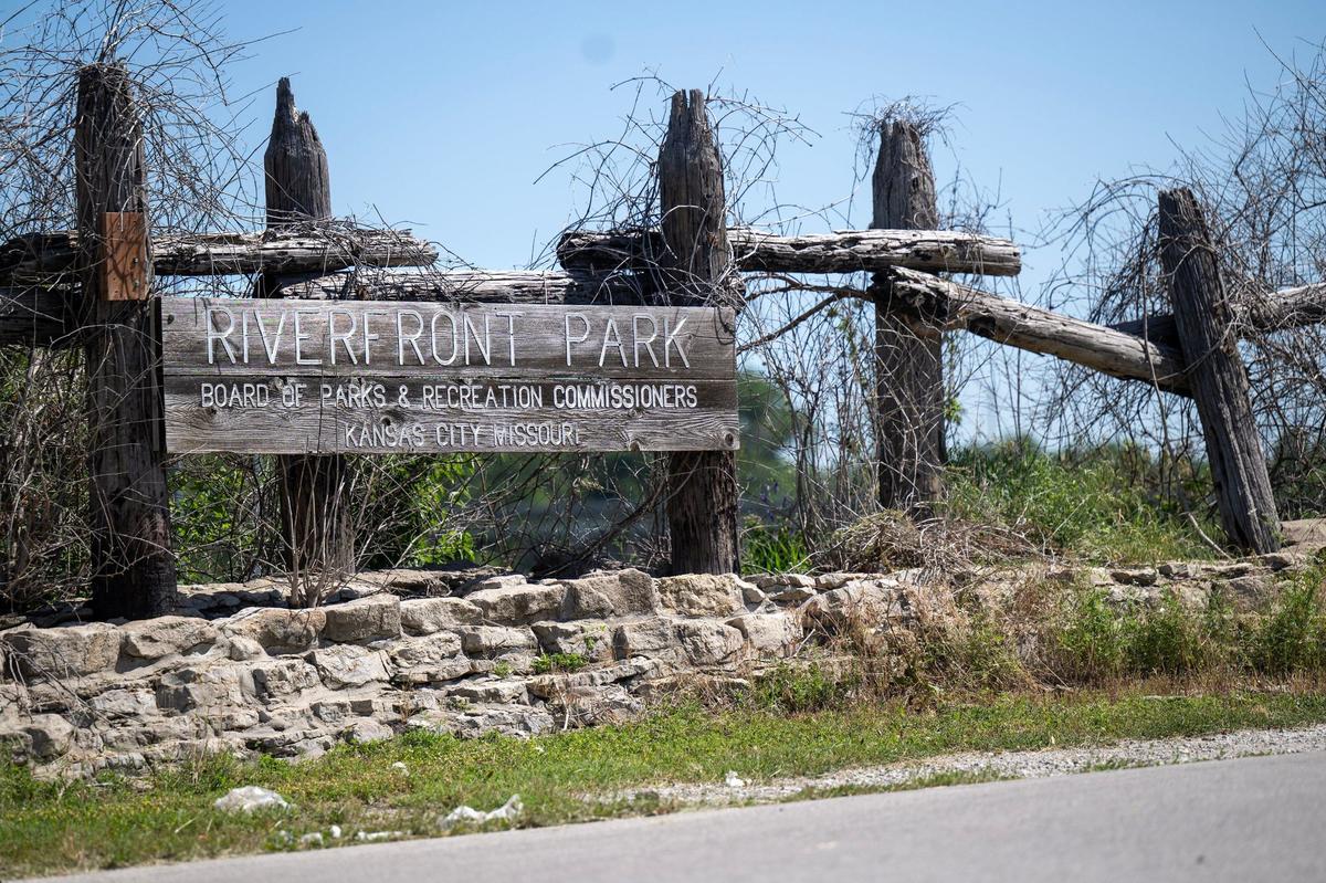 The entrance sign at Riverfront Park in Kansas City on Friday, June 7, 2024.