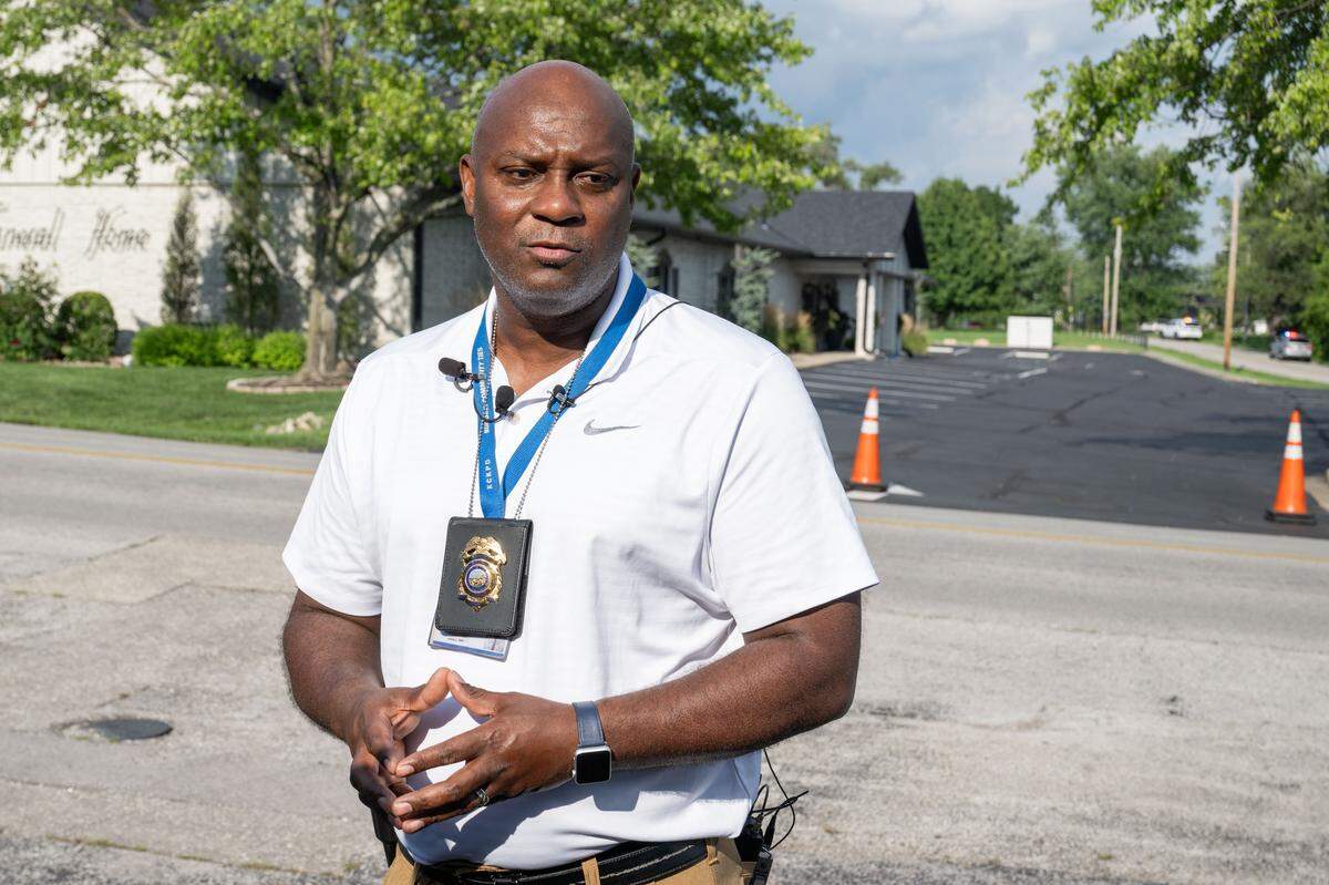 Kansas City, Kansas, Chief of Police Karl Oakman speaks to media near the scene of a police officer shooting in Kansas City near Maple Hill Cemetery on Saturday.