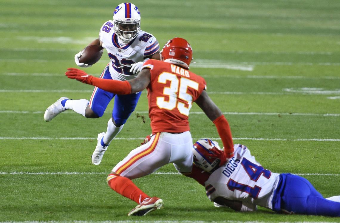 Kansas City Chiefs cornerback Charvarius Ward (35) goes after Cleveland Browns safety Grant Delpit (22) during the AFC Championship Game Sunday, Jan. 24, 2021, at Arrowhead Stadium in Kansas City. The Chiefs defeated the Bills, 38-24, to head to the Super Bowl.