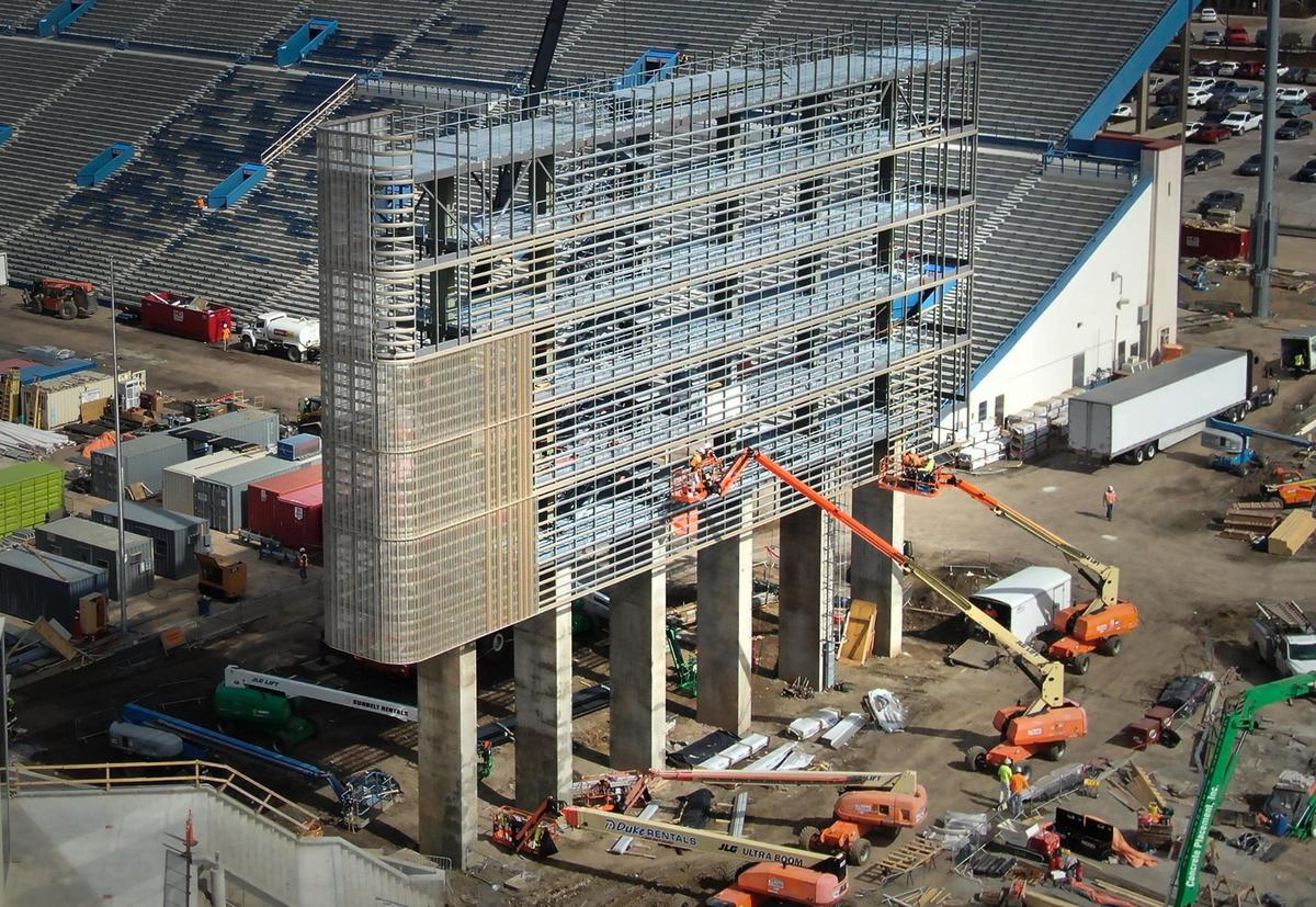 The massive new scoreboard is on the south end of the field at David Booth Kansas Memorial Stadium.