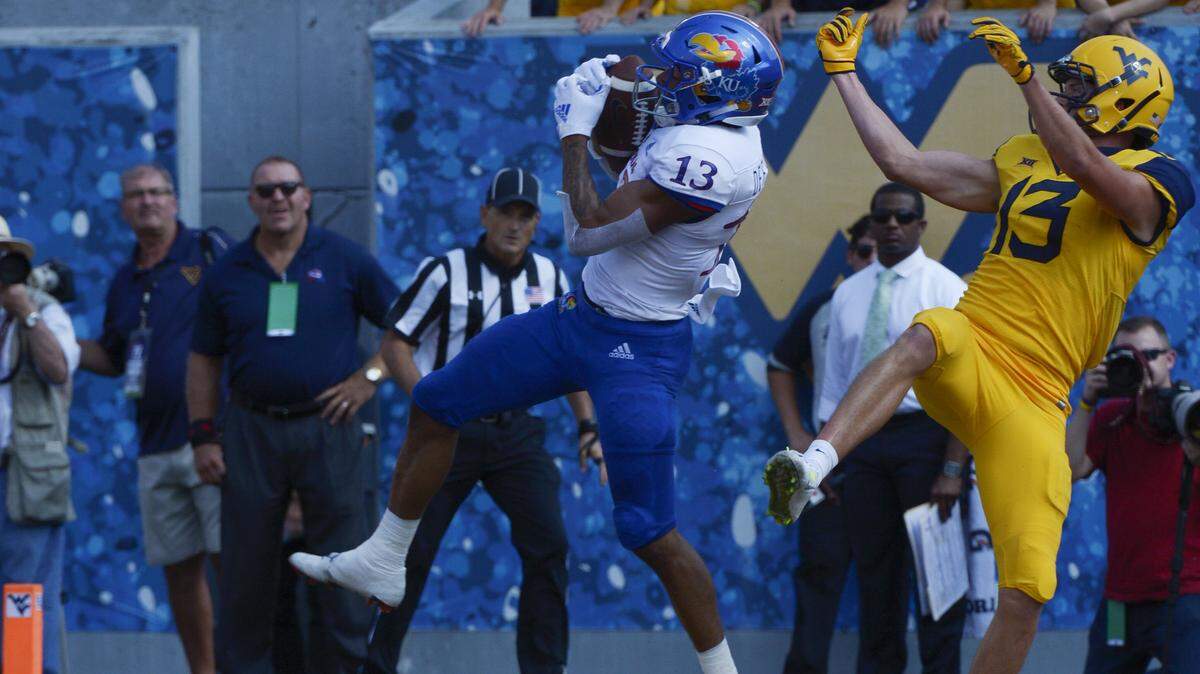 Kansas cornerback Hasan Defense intercepted a pass in the end zone on Saturday at West Virginia.