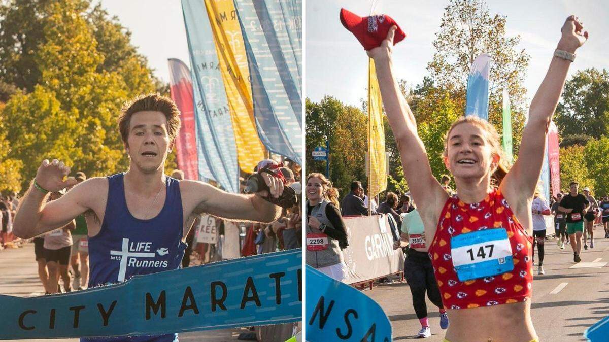 Jacob Cofer, left, and Mary Katherine Andrews were the men’s and women’s winners of the 2024 Garmin Kansas City Marathon on Saturday, October 19, 2024 in KC. An estimated 8,000 participated on the course that began and ended in front of The Nelson-Atkins Museum of Art.