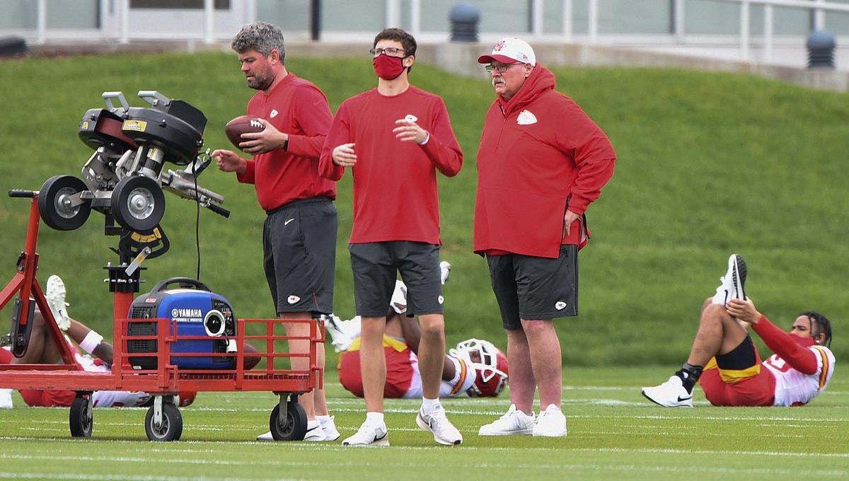 Chiefs coach Andy Reid, right, and his staff of assistant coaches will get their first on-field look at the team’s new rookie class during a three-day minicamp for first-year players in Kansas City.