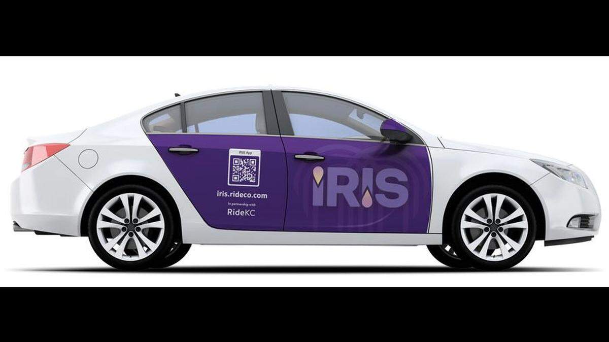 A vehicle carries the logo of IRIS, Kansas City’s new rideshare service.