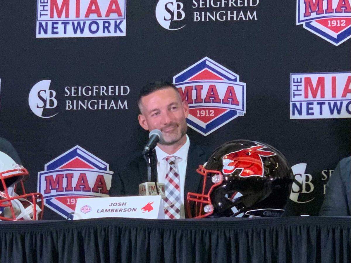 Central Missouri football coach Josh Lamberson speaks during MIAA Media Day on July 26 at the Kansas City Convention Center.